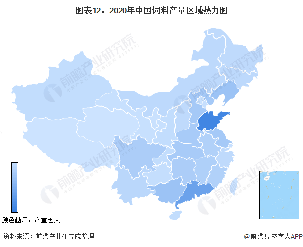 图表12：2020年中国饲料产量区域热力图